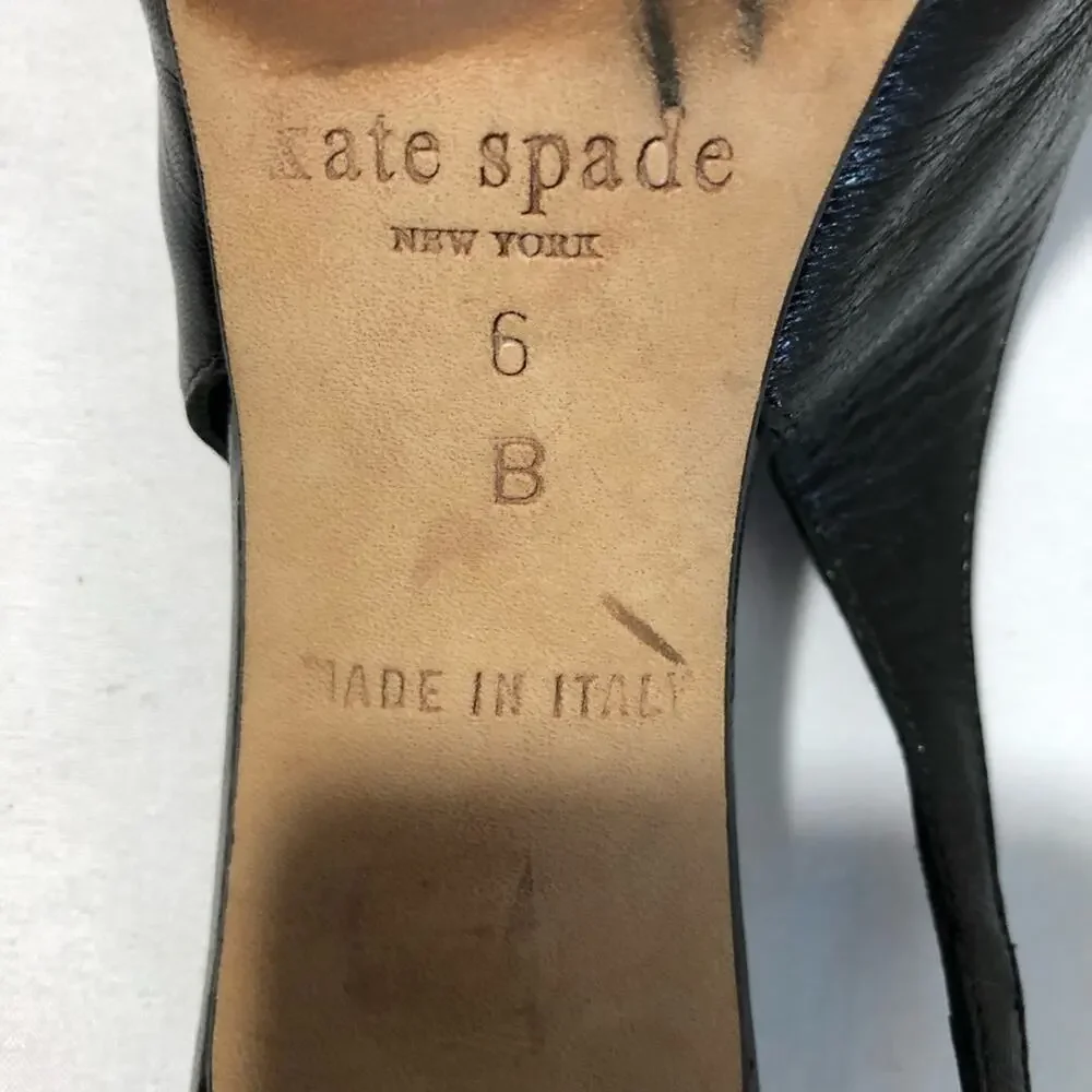Kate Spade New York black leather slingback peep toe pumps sheer bows womens 6